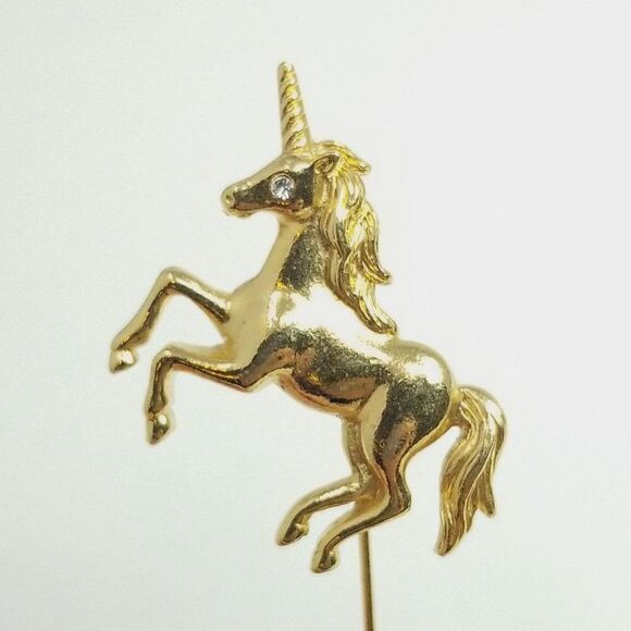 Vintage Unicorn Stick Pin, Gold Tone Rhinestone Eye Magical Creature Brooch - Picture 7 of 7